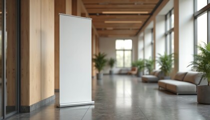 Roll-up standee banner mockup in modern office hall. Blank white template for presentation or promotion. Commercial design, exhibition space with plants, sofa, windows and natural light.