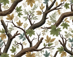Fototapeta premium Seamless forest camouflage pattern with oak, conifer leaves and branches. Dark brown tree trunks, green foliage. Camo design for hunting, military applications, textile print, clothing design.