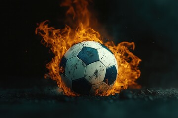 Naklejka premium Soccer ball engulfed in orange flames, glowing with dynamic energy,