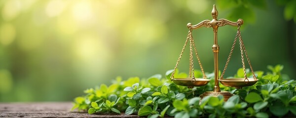Golden scales of justice in greenery. Concept of eco-friendly law, nature conservation, balance, harmony. Environmental protection concept, sustainability symbol, eco-friendly world.