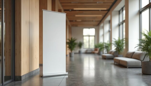 Roll-up standee banner mockup in modern office hall. Blank white template for presentation or promotion. Commercial design, exhibition space with plants, sofa, windows and natural light.