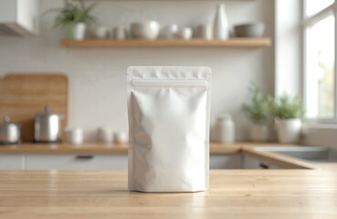White doypack mockup on kitchen table, blurred background. Product package for coffee, tea, spices, food. Template for branding design, eco-friendly product advertisement, morning beverage promotion.