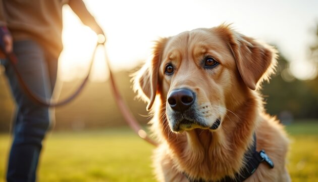 Golden retriever dog on green grass field with owner. Pet friendship, best friend concept. Sunny outdoor walk. Domestic animal, canine. Doggy lifestyle.
