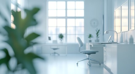 Fototapeta premium Clean Medical Interior with Patient Chair, Table, and Blurred Sunlit Window