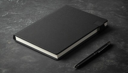 Open Black Notebook with Pen on Dark Table &ndash; Minimalist Stationery Mockup