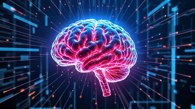 Illuminated brain with neural connections and digital background in blue and red tones art