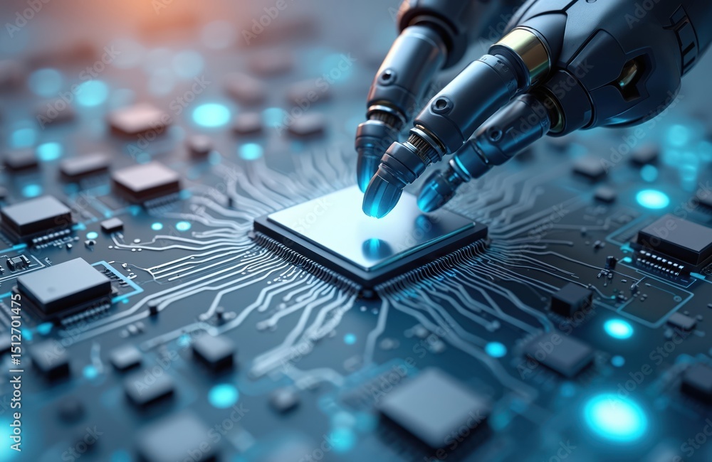 Poster robotic arms interacting with microchip circuit board. ai technology innovation. semiconductor manuf