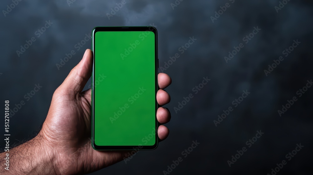 Aufkleber hand holding smartphone with green screen display on dark background for mobile app or website mocku