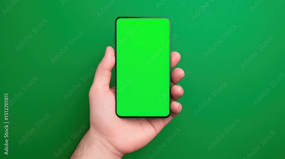 Poster hand holding a smartphone with a blank green screen ready for customization or display