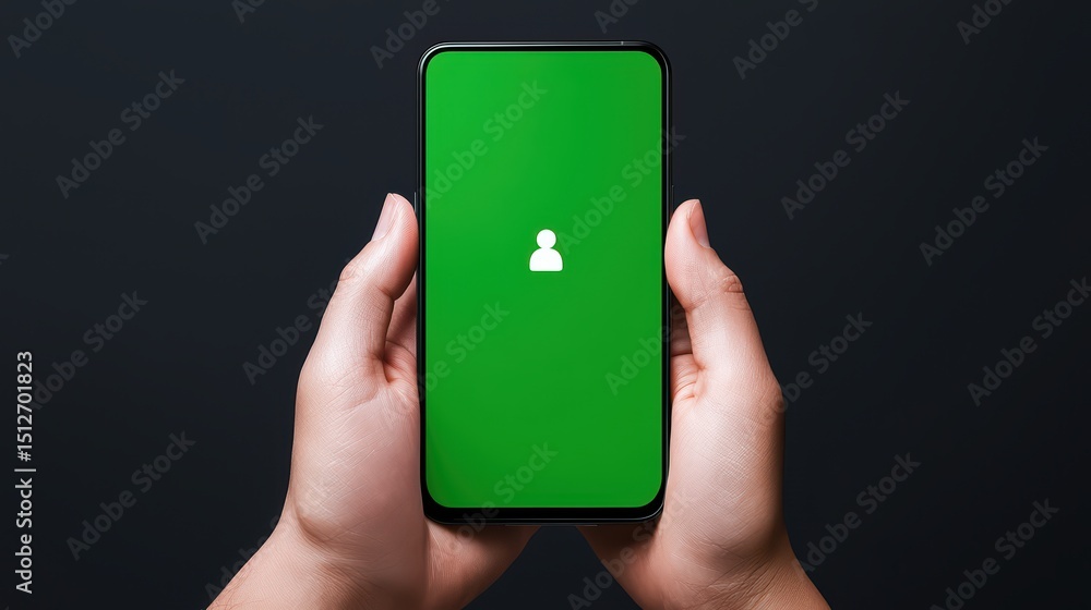 Poster hands holding smartphone with green screen and user icon for app development and user interface desi