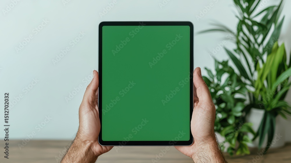 Poster hands holding tablet with blank green screen ready for app or content display in modern office setti