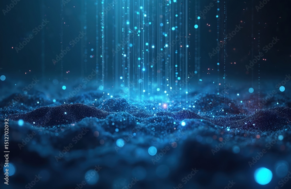 Poster futuristic digital artwork featuring glowing binary code rain over dark textured surface. abstract t