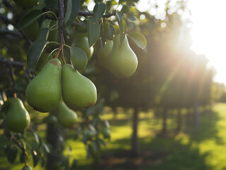 Sunlight passing through pear orchard with ripe fruits hanging on tree in golden hour