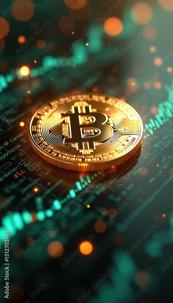 Poster glowing bitcoin coin set against dynamic data streams background cryptocurrency. digital currency, b