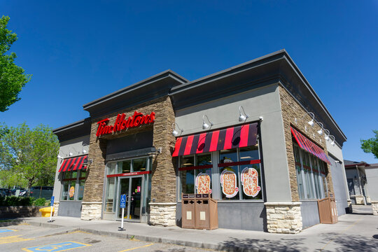 Entrance of Tim Hortons in Calgary, Canada's largest coffeehouse and restaurant chain that serves coffee, donuts, sandwiches, breakfast and other fast-food items