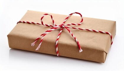 brown paper gift with red and white twine isolated on white background