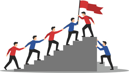 Fototapeta premium Team support help success, teamwork to progress and success together, company growth step or employee development, team achievement concept, business people team up holding hand help climb