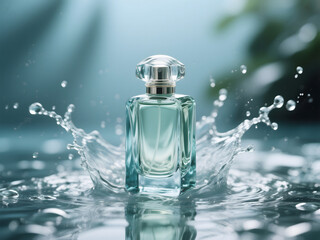 Elegant Glass Perfume Bottle with Splashing Water on Blue Background