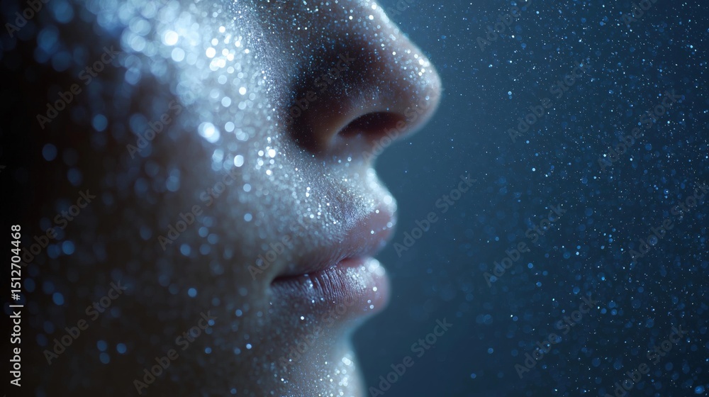 Aufkleber close-up of a person's face, specifically their nose and upper lip. the background is a dark blue co