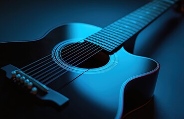 Close-up shot of black acoustic guitar with neon blue glow effect. Musical instrument for concert performance stage spotlight. Dimly lit evening show. Rock, pop, indie festival vibes.