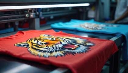 Modern t-shirt printing machine in action. Red and blue tee-shirts with tiger print design in production. Textile industry digital process, innovation in workshop.
