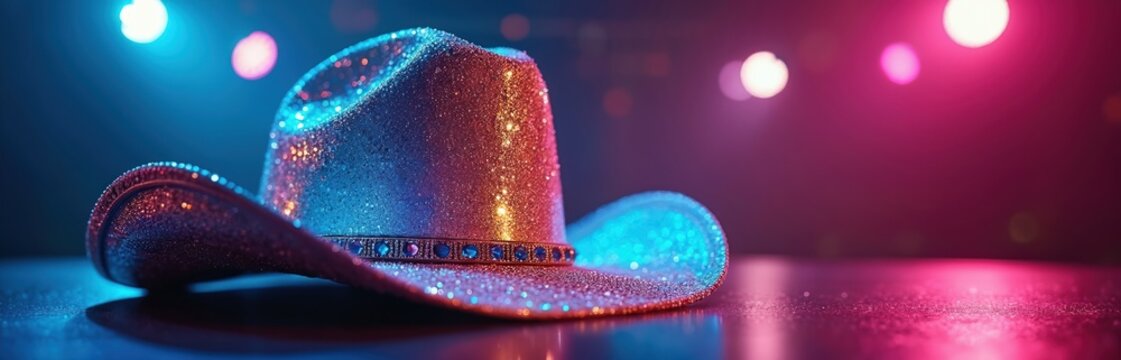 Dazzling holographic cowboy hat with sparkling crystals resting on stage under colorful stage lights. Accessory for events, parties, celebrations, concerts. Western style item creates festive mood. - Powered by Adobe