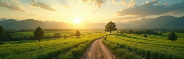 Fototapeta premium Scenic view of green field with dirt road leading to mountains. Sunrise over the horizon. Trees in the background. Inspirational landscape for travel, tourism, hike, vacation. Calm rural scene.