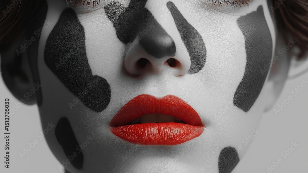 Poster close-up portrait of a woman's face. the face is painted with black and white polka dots, creating a