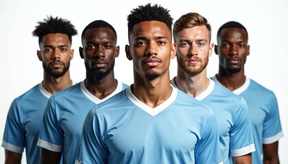 Multiethnic male soccer team wearing light blue jerseys. Group of diverse sportsmen. Team portrait. Men stand united, ready for sports competition. Unity team building concept.