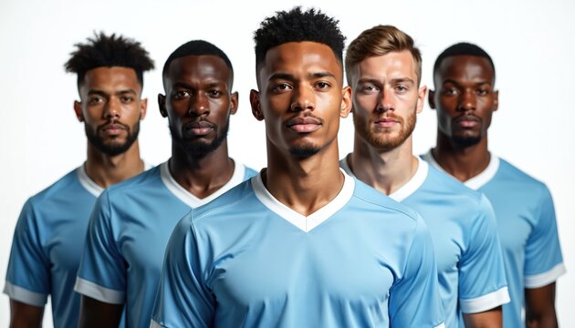 Multiethnic male soccer team wearing light blue jerseys. Group of diverse sportsmen. Team portrait. Men stand united, ready for sports competition. Unity team building concept.