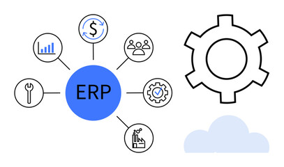 ERP system core connecting finance, analytics, tools, customer management, and performance in cloud. Ideal for business planning, data, teamwork, optimization automation cloud tech simple landing