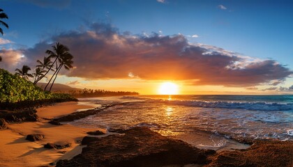 hawaiian sunset with beautiful ocean and beach