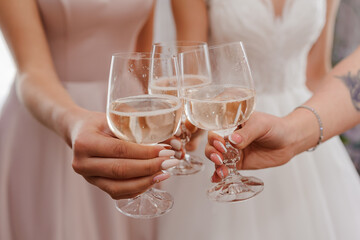 Wedding Toast Celebration: Bridesmaids with Champagne Glasses, Pink Dresses, Cheerful Moment, Elegant Style