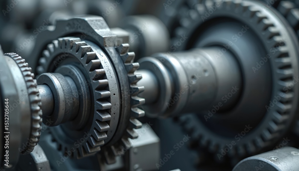 Poster close-up of interlocking gears rotating in complex machinery. metallic cogwheels interconnected, ref