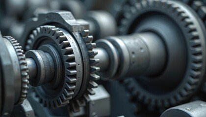 Close-up of interlocking gears rotating in complex machinery. Metallic cogwheels interconnected, reflecting tech, engineering, industry, manufacturing. Power system, mechanical drive with perfect