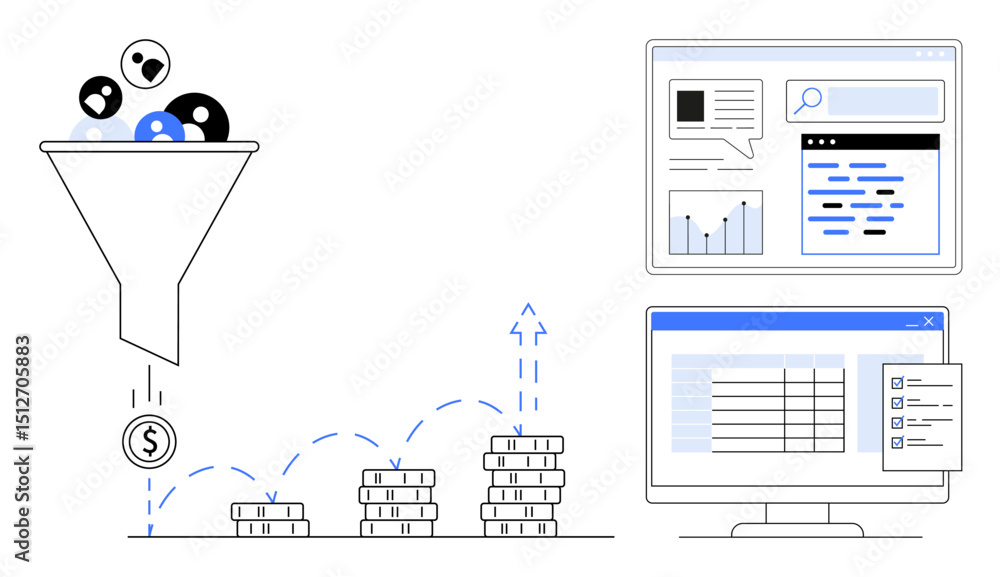 Poster funnel filtering users to revenue, computer screens showing data analysis, graphs, and search result