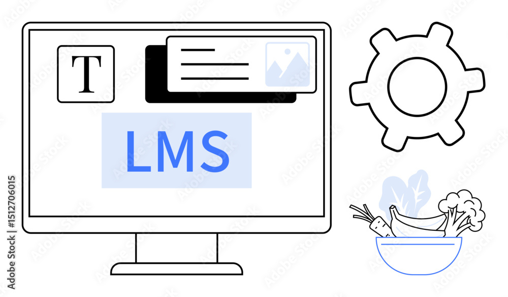 Aufkleber computer displaying lms features thumbs up text and image tools, beside a gear icon and a bowl of ve