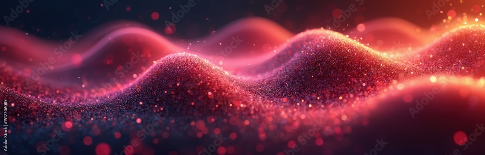 Leinwandbilder Abstract digital particles wave with bokeh light background. 3d render wave line dot background. Glowing effect, flowing lights particles, futuristic art. Red colors motion background.