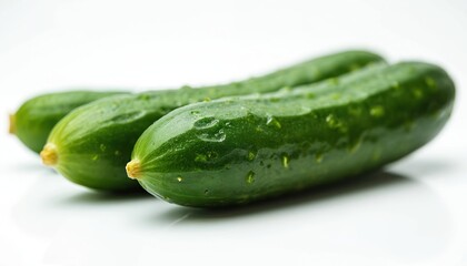 Fresh green cucumbers isolated white background. Vegetables close-up. Water drops on skin. Crunchy texture. Dill marinated pickles. Healthy eating snack. Vegan vegetarian ingredient.