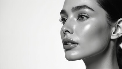 Young woman face with perfect skin, natural make-up. Beautiful female model with ideal smooth skin, lips, and eye make-up on white background. Beauty concept. Skincare, cosmetology, facial treatment.