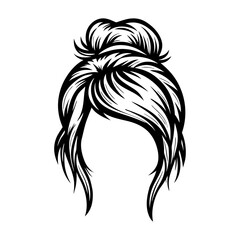 Stylish black and white illustration of a messy hair bun with flowing strands