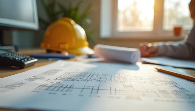 Construction estimator desk with blueprints plans. Construction plans, yellow hard hat, calculator, person working on project. Architect designing building, project development, engineering. Home