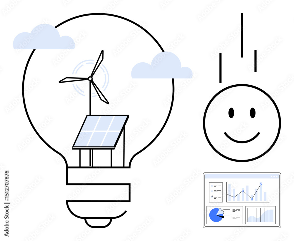 Poster lightbulb with embedded solar panel and wind turbine, clouds, smiling face, and analytics dashboard.