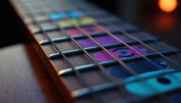 Close-up shot of guitar fretboard with colorful stickers. Musical instrument strings. Guitar learning with colorful note stickers. Suitable for music lessons, online courses, music education, guitar