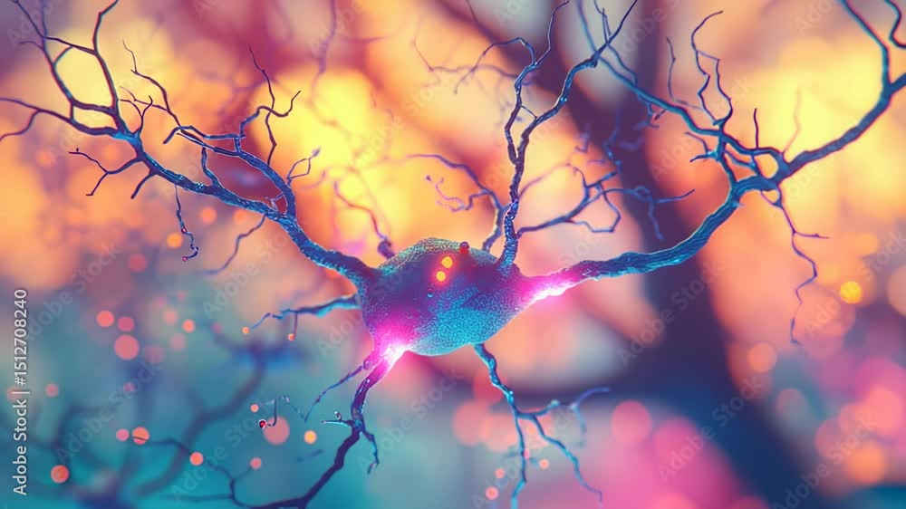 Poster detailed 3d render of a neuron with glowing synapses