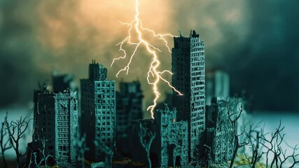 Dramatic lightning strikes ruined city buildings, post-apocalyptic scene - Powered by Adobe