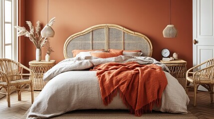 Cozy Bedroom with Rattan Furniture, Woven Bed Frame, Warm Blanket and Orange Walls