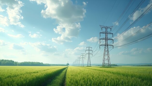 High voltage power lines and pylons in green agricultural landscape on sunny day. Clouds in blue sky. Wheat field, industry tech, transmission of electric power. Electricity infrastructure concept.