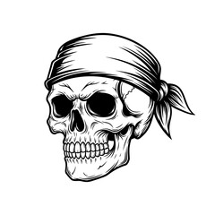 Black and white illustration of a pirate skull wearing a bandana