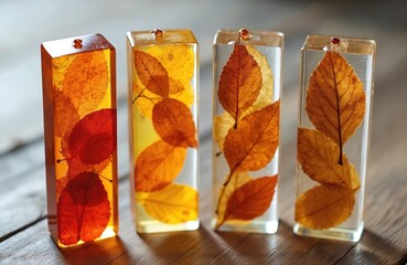 Handmade resin bookmarks with pressed colorful autumn leaves inside. Decorative crafts with fall leaves for book readers. Autumn season themed art, DIY home decor and creative gift ideas.